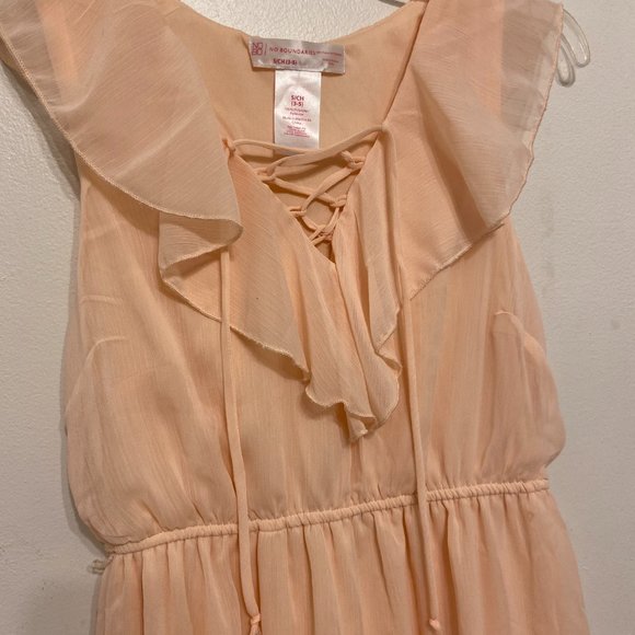 PEACH Size Small Lined Dress Flowy Ruffled Neckline Sheer No Boundaries NO BELT - Picture 2 of 5